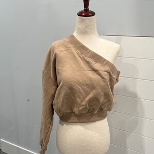 Windsor Beige one shoulder crop sweatshirt